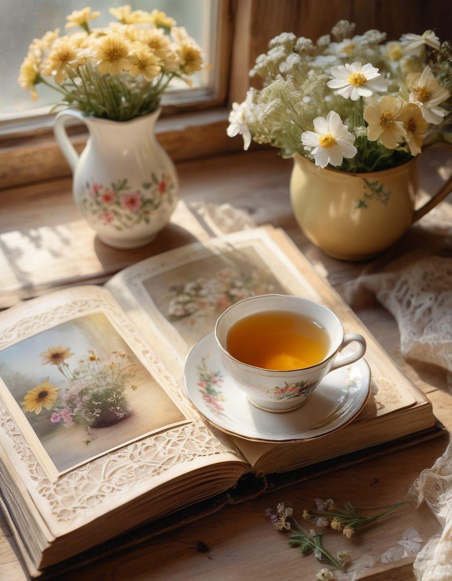 An open vintage photo album adorned with faded photographs, delicate lace, and pressed flowers. Soft golden light filters through, creating a nostalgic ambiance. A steaming cup of tea sits beside the album, inviting the viewer to immerse in cherished past moments. A rustic wooden table provides a warm backdrop to enhance the sentimental feel. watercolor painting. soft pastel colors. dreamy atmosphere.