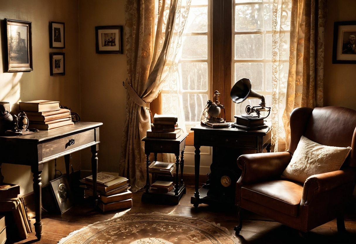 A nostalgic scene depicting a cozy vintage living room filled with classic items like an old gramophone, a stack of yellowed books, and a worn-out rocking chair. Sunlight filters through lace curtains, casting soft shadows, while a photo album lies open, showcasing black and white memories. An antique clock ticks softly in the background, adding to the ambiance. Warm earth tones and a slight sepia tint enhance the vintage feel. super-realistic. warm colors. soft focus.