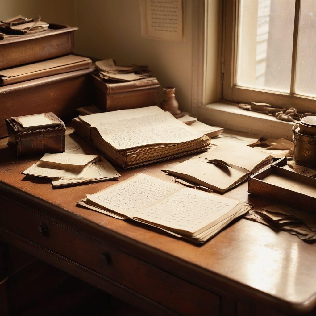 A nostalgic vintage desk scattered with old letters, sepia-toned photographs, and a worn leather journal, bathed in warm, golden sunlight filtering through a dusty window. In the background, soft silhouettes of antique furniture evoke a sense of history and cherished memories. The atmosphere is inviting and reminiscent of bygone days. painting. vintage style. warm colors.